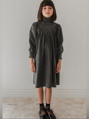 Petite Amalie Girls’ Black Wash Chambray Shirred Neck Babydoll Dress—5Y